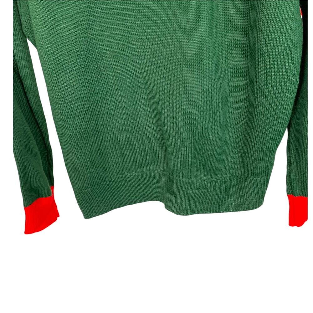 Pink Reindeer Sz L Green Knit Sweater Red Collar & Cuffs XMAS Sweater - Picture 4 of 8